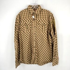 Pelle Pelle Mens XL Plaid Button Down Shirt Brown Orange Embroidered Y2K NWT VTG